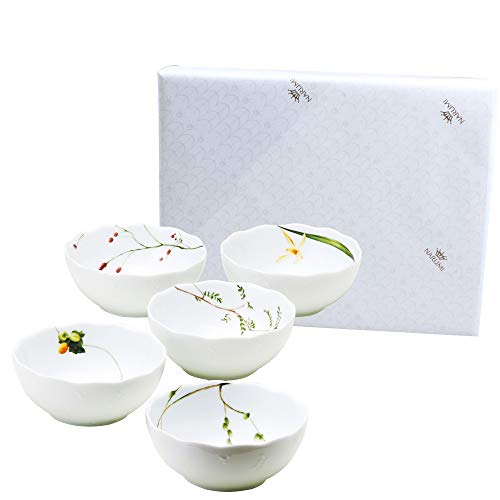 NARUMI(ナルミ) ボウル 皿 セット 里花暦(さとはなごよみ) 径13cm グリーン 花柄 5柄セット かわいい 結婚祝い プレゼント 食器セット 電子レンジ温め対応 日本製 ギフト箱入り ラッピング済 40912-32841AZ